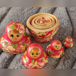 Miniature Matryoshka Nesting Dolls Set of 5 Red Pink Floral Initialed